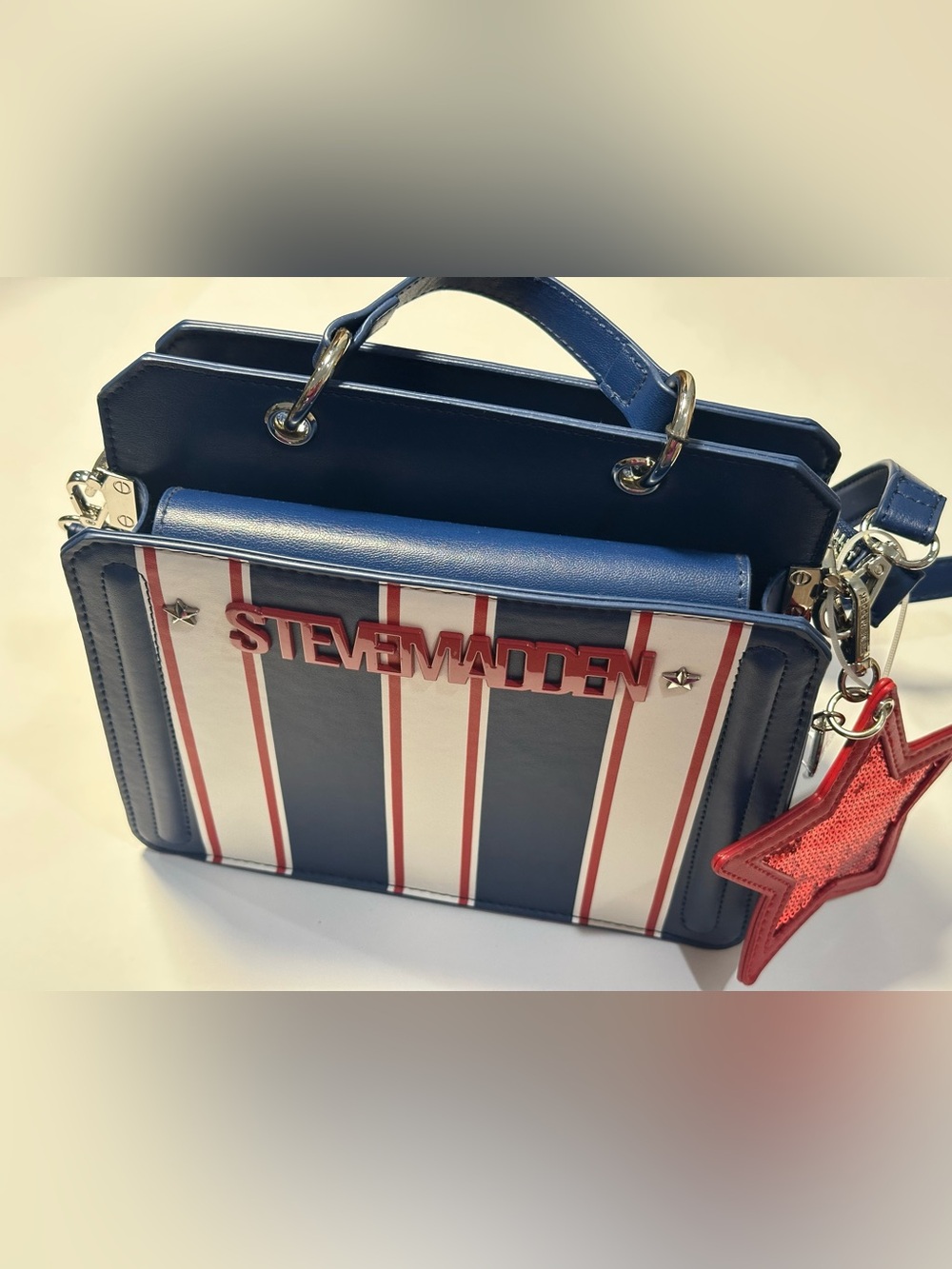 Steve Madden Bevlynn Red/White/Blue Striped Satchel Handbag Purse (Minor Flaw)